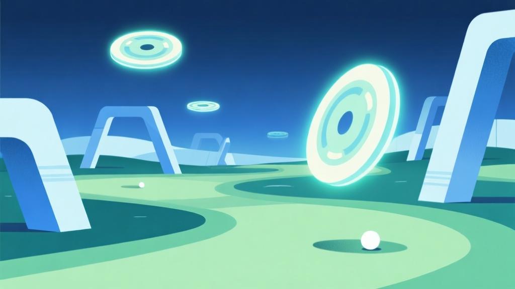 minimalist illustration of a futuristic golf course with glowing chakram discs flying through geometric obstacles, soft blue and green color scheme, clean lines high quality illustration, detailed, 16:9