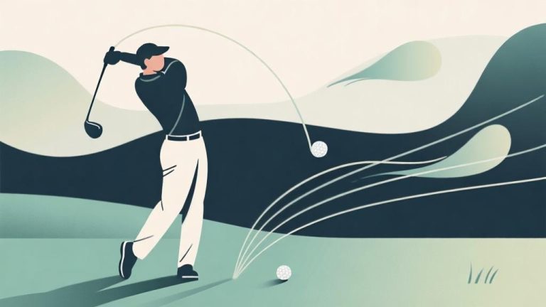 自动生成图片: Minimalist vector illustration of golf physics: swing arc, ball trajectory, wind lines, soft gradients, abstract shapes, no people high quality illustration, detailed, 16:9