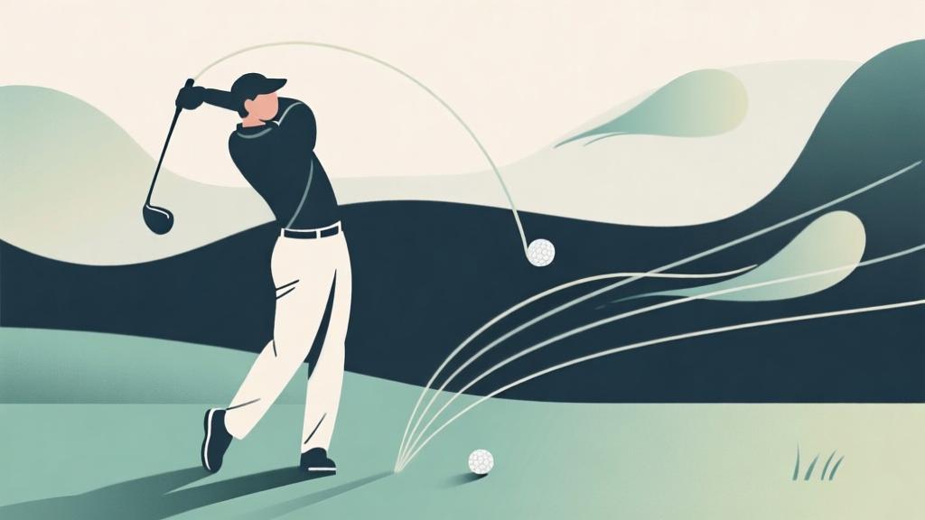 Minimalist vector illustration of golf physics: swing arc, ball trajectory, wind lines, soft gradients, abstract shapes, no people high quality illustration, detailed, 16:9