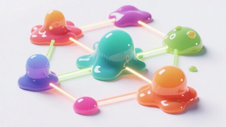 自动生成图片: minimalist abstract composition of colorful slime blobs with different properties, interconnected by glowing lines on a clean white background, representing the core gameplay mechanics high quality illustration, detailed, 16:9