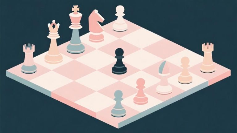 自动生成图片: minimalist 4x4 chess board with only kings and pawns, geometric shapes, soft pastel colors, clean lines, abstract representation high quality illustration, detailed, 16:9