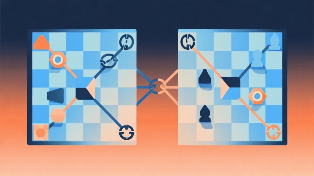minimalist abstract illustration of two opposing strategic game boards with interconnected trap symbols, using soft blue and orange gradients, geometric shapes representing game pieces high quality illustration, detailed, 16:9