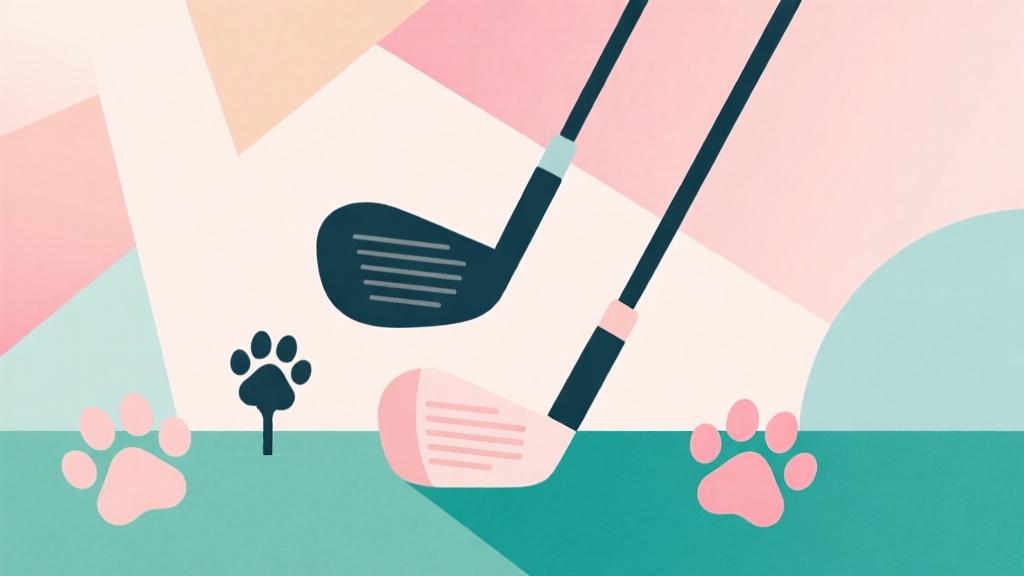 Minimalist abstract illustration showing golf clubs and kitten paw prints in soft pastel colors, geometric shapes forming a playful composition with clean lines and gentle gradients high quality illustration, detailed, 16:9