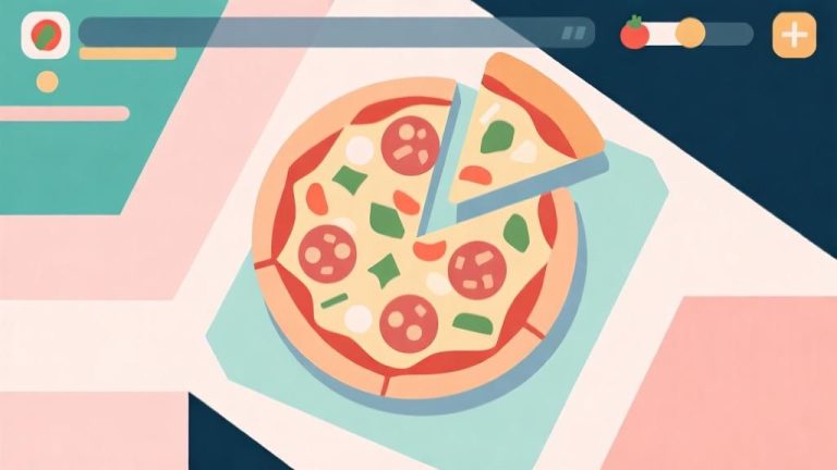 自动生成图片: minimalist abstract illustration of pizza cooking game interface with geometric shapes representing toppings, soft pastel colors, clean lines, professional style high quality illustration, detailed, 16:9
