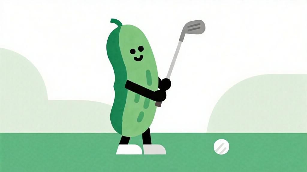 minimalist character design of a cucumber-shaped golf player holding a golf club, simple geometric shapes, soft green and white color palette, clean lines, cartoonish style high quality illustration, detailed, 16:9