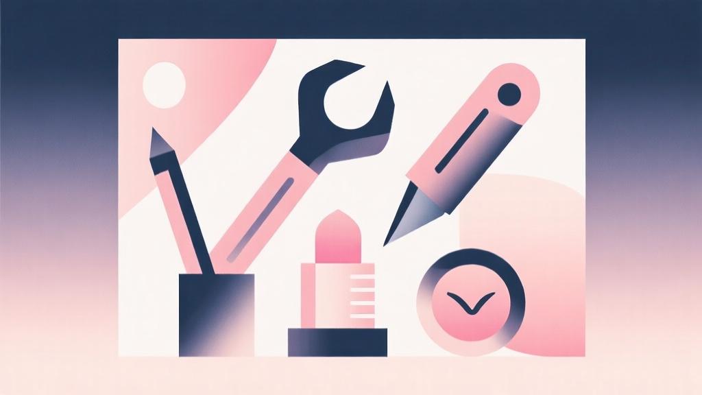 minimalist abstract composition of geometric shapes representing creative tools and beauty elements, soft pastel color palette with gradient effects, clean professional style high quality illustration, detailed, 16:9