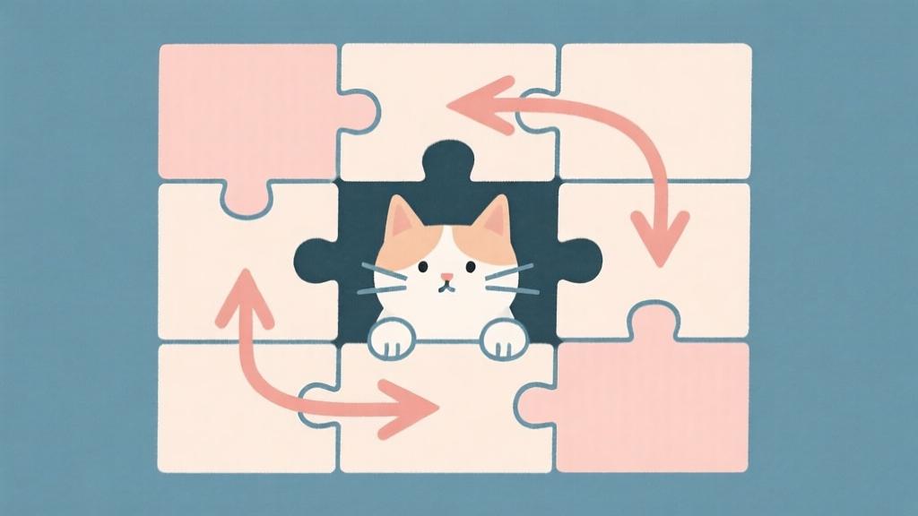 minimalist illustration of a cat trapped in puzzle blocks, with arrows showing possible movement directions, soft pastel colors, clean lines high quality illustration, detailed, 16:9