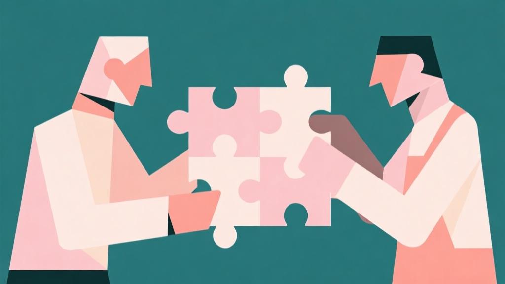 minimalist abstract illustration of two geometric characters working together to solve a puzzle, soft pastel colors, clean lines, collaborative concept high quality illustration, detailed, 16:9