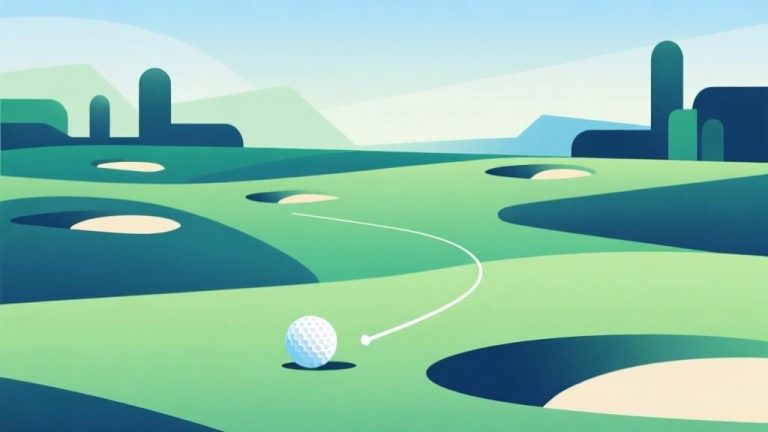 自动生成图片: abstract golf course landscape with digital elements, minimalist design with geometric shapes representing golf holes, soft gradient background in green and blue tones, clean lines showing golf ball trajectory high quality illustration, detailed, 16:9