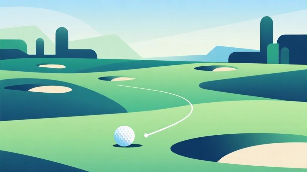 abstract golf course landscape with digital elements, minimalist design with geometric shapes representing golf holes, soft gradient background in green and blue tones, clean lines showing golf ball trajectory high quality illustration, detailed, 16:9