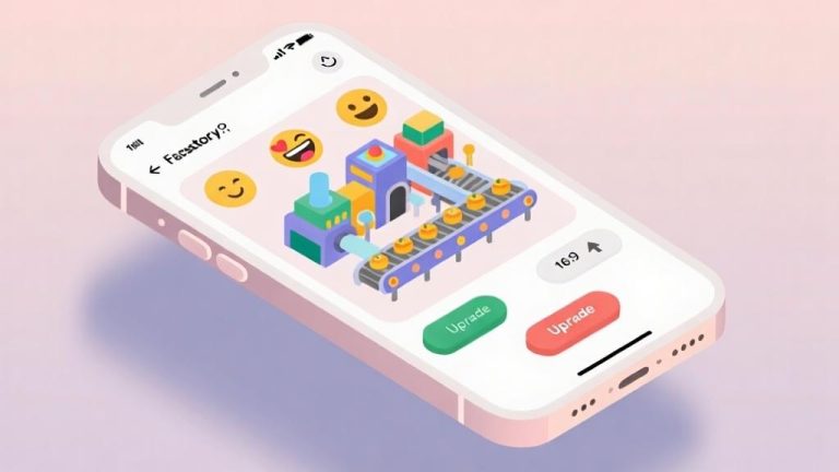 自动生成图片: minimalist illustration of a smartphone screen showing colorful emoji factory interface with production lines and upgrade buttons, clean design with soft pastel colors high quality illustration, detailed, 16:9