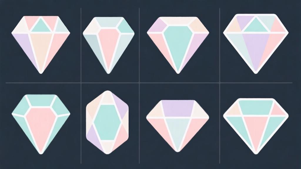 A minimalist business-style icon grid of jewel shapes in soft pastel colors, clean lines, no people or logos, abstract geometric design high quality illustration, detailed, 16:9