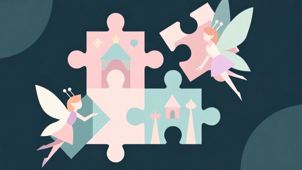 minimalist abstract geometric composition showing interconnected puzzle pieces with fairy tale elements, soft pastel color scheme, clean lines and shapes representing game mechanics high quality illustration, detailed, 16:9