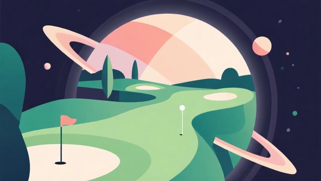 Minimalist abstract illustration of a golf course in orbit with geometric shapes and soft gradients, representing idle progression in a digital game. high quality illustration, detailed, 16:9