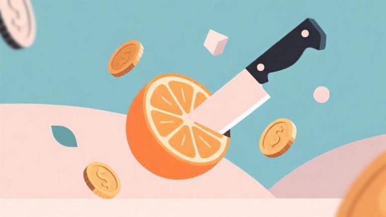 自动生成图片: minimalist geometric design of an orange being sliced by a floating knife, with coins and simple shapes floating around, soft pastel color scheme, clean lines and abstract representation high quality illustration, detailed, 16:9