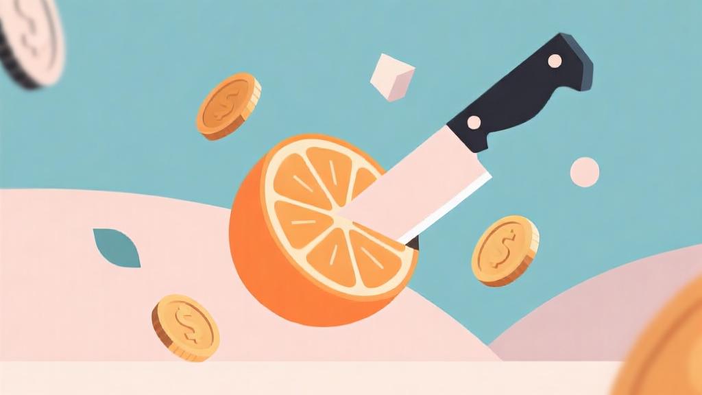 minimalist geometric design of an orange being sliced by a floating knife, with coins and simple shapes floating around, soft pastel color scheme, clean lines and abstract representation high quality illustration, detailed, 16:9