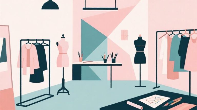 自动生成图片: minimalist abstract illustration of a fashion design studio with geometric shapes representing clothing racks, mannequins, and design tools in soft pastel colors high quality illustration, detailed, 16:9