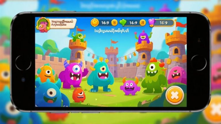 自动生成图片: A vibrant game interface showing colorful monster characters and defense towers on a mobile screen, with Indonesian language text visible high quality illustration, detailed, 16:9