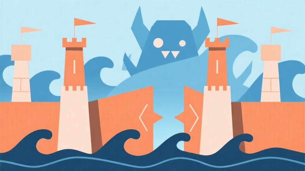 minimalist abstract illustration of geometric towers defending against wave-like monster shapes, using soft blue and orange color scheme, clean lines and simple shapes representing strategic defense concepts high quality illustration, detailed, 16:9
