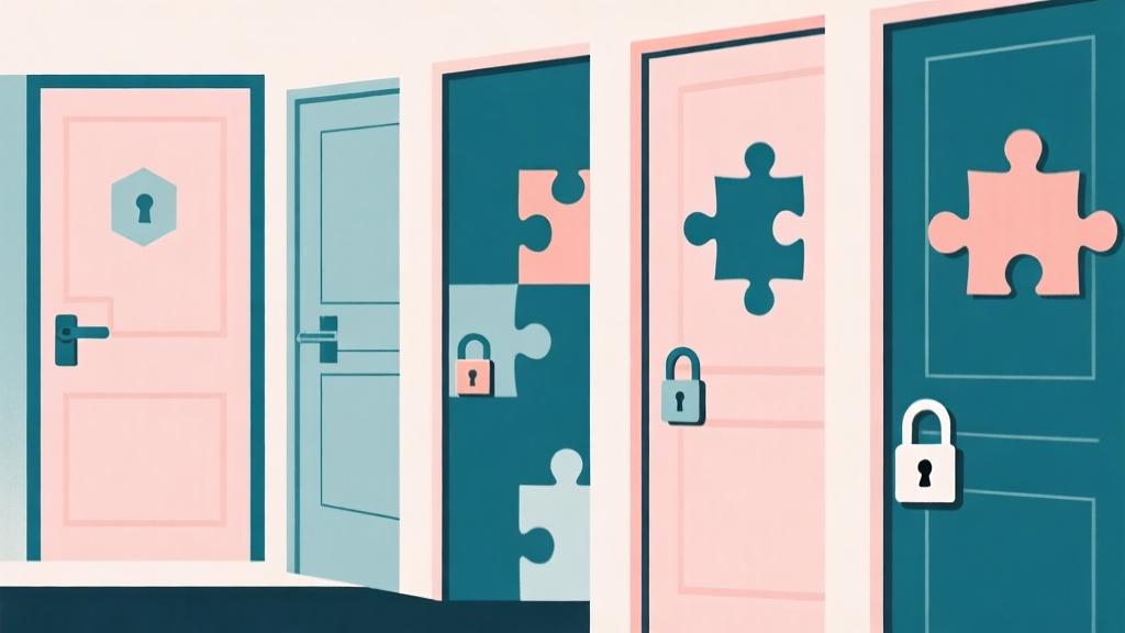 minimalist abstract illustration of multiple doors with puzzle symbols, geometric shapes and lock mechanisms in soft pastel colors, clean professional style high quality illustration, detailed, 16:9