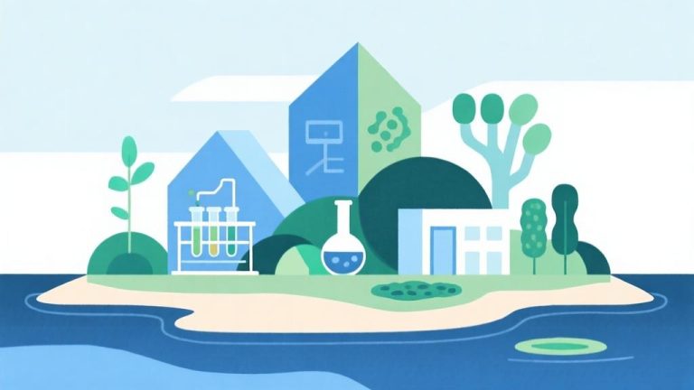 自动生成图片: minimalist abstract illustration of a biological island with geometric shapes representing different ecosystems, soft color palette with blues and greens, clean lines showing laboratory structures integrated with natural elements high quality illustration, detailed, 16:9