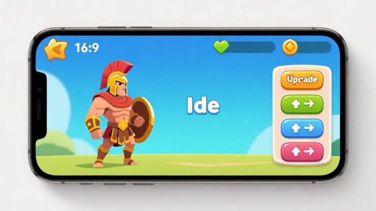 自动生成图片: A clean, modern smartphone screen displaying a vibrant idle game interface with a gladiator character on one side and upgrade buttons on the other, set against a minimalist background high quality illustration, detailed, 16:9
