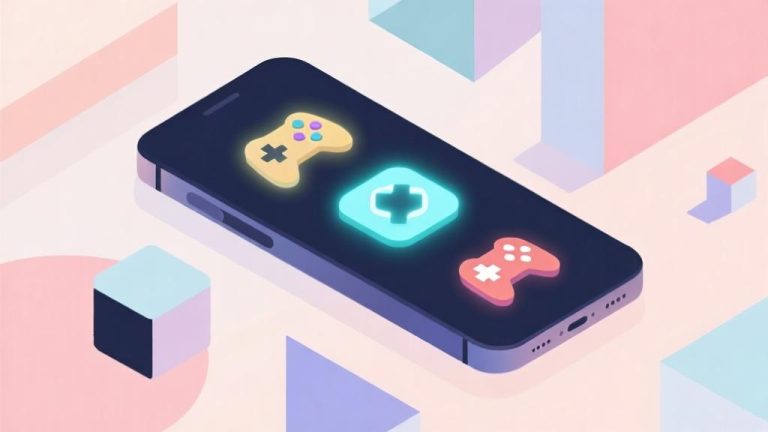 自动生成图片: minimalist abstract illustration showing a smartphone with glowing icons representing different game elements, surrounded by geometric shapes in soft pastel colors, business professional style high quality illustration, detailed, 16:9