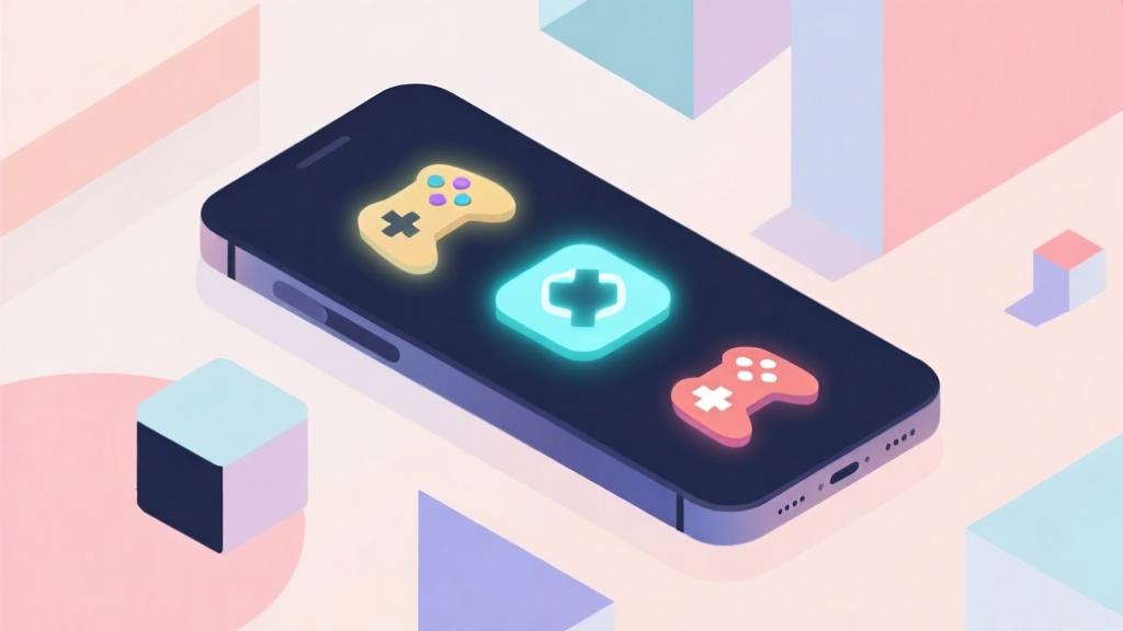 minimalist abstract illustration showing a smartphone with glowing icons representing different game elements, surrounded by geometric shapes in soft pastel colors, business professional style high quality illustration, detailed, 16:9