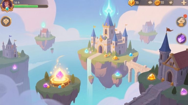 自动生成图片: Fantasy game interface showing magical kingdom with floating islands, glowing resources, and medieval buildings, minimalist design with soft colors high quality illustration, detailed, 16:9