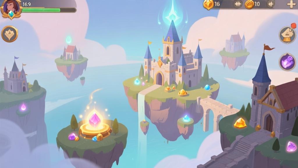 Fantasy game interface showing magical kingdom with floating islands, glowing resources, and medieval buildings, minimalist design with soft colors high quality illustration, detailed, 16:9