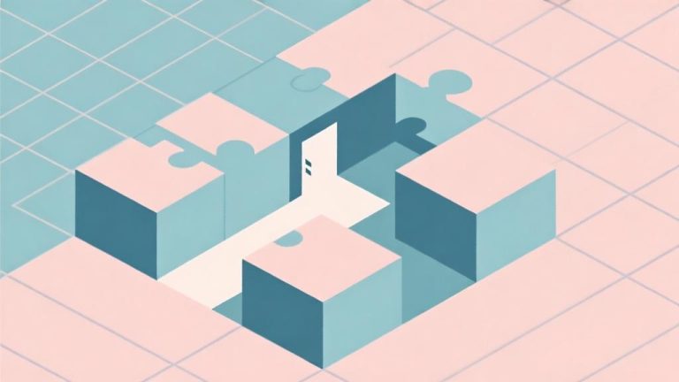 自动生成图片: minimalist isometric grid with geometric shapes and escape path visualization in soft pastel colors, abstract puzzle concept high quality illustration, detailed, 16:9