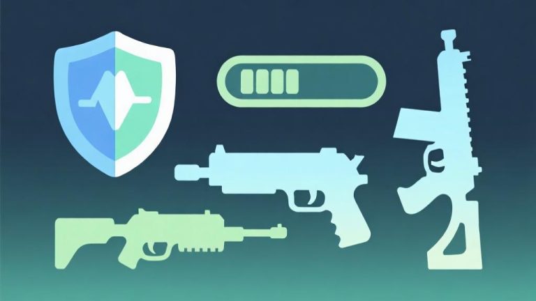 自动生成图片: minimalist abstract illustration of survival elements in gaming, showing shield icons, health bars, and weapon silhouettes in soft blue and green color scheme high quality illustration, detailed, 16:9