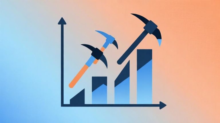自动生成图片: minimalist abstract geometric design showing upward trending graph with mining pickaxe icons, soft blue and orange gradient background, business infographic style high quality illustration, detailed, 16:9
