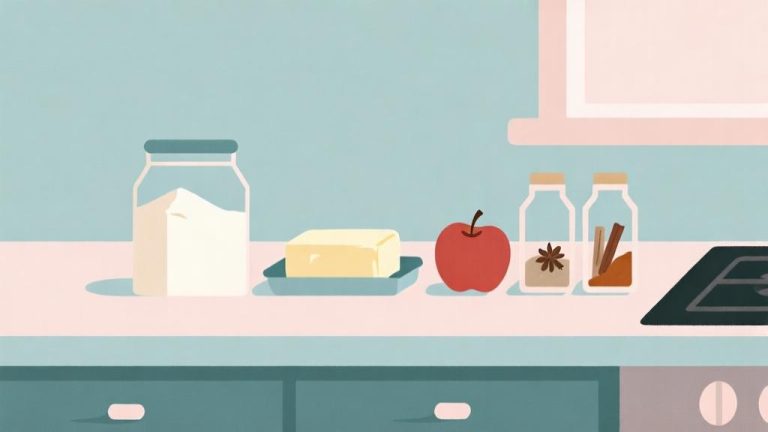 自动生成图片: minimalist illustration of baking ingredients arranged neatly on a kitchen counter, showing flour, butter, apples, and spices in simple geometric containers, soft pastel color scheme high quality illustration, detailed, 16:9