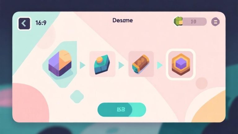 自动生成图片: minimalist game interface showing merged items progression with clean layout, soft pastel colors, abstract geometric shapes representing game elements high quality illustration, detailed, 16:9