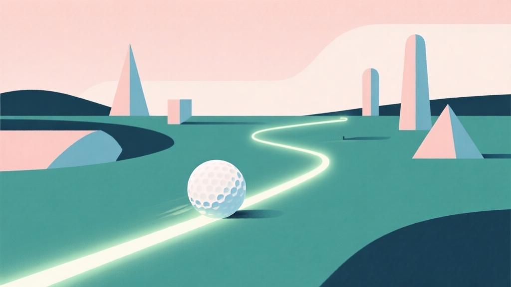 minimalist abstract illustration of golf ball rolling along glowing line path, geometric shapes representing golf course obstacles, soft pastel color scheme with clean lines high quality illustration, detailed, 16:9