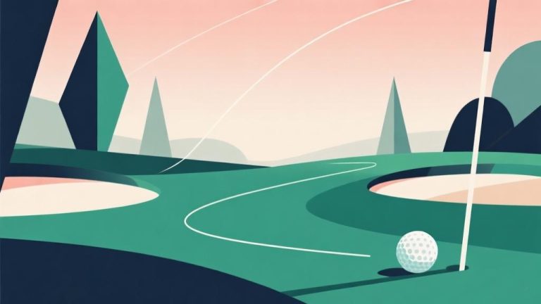自动生成图片: abstract minimalist illustration of golf course with geometric shapes, dynamic lines showing ball trajectory, soft gradient background in professional business style high quality illustration, detailed, 16:9