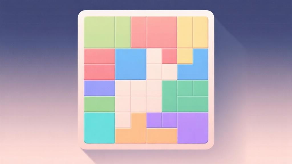 abstract geometric puzzle game interface with colorful tiles arranged in grid pattern, minimalist design with soft pastel colors, clean lines and subtle shadows high quality illustration, detailed, 16:9