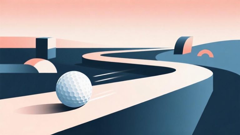 自动生成图片: minimalist abstract illustration of a golf ball rolling on a geometric path with dynamic curves and obstacles, soft gradient background with professional business color scheme high quality illustration, detailed, 16:9