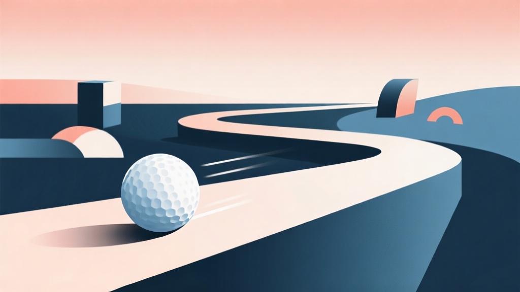 minimalist abstract illustration of a golf ball rolling on a geometric path with dynamic curves and obstacles, soft gradient background with professional business color scheme high quality illustration, detailed, 16:9