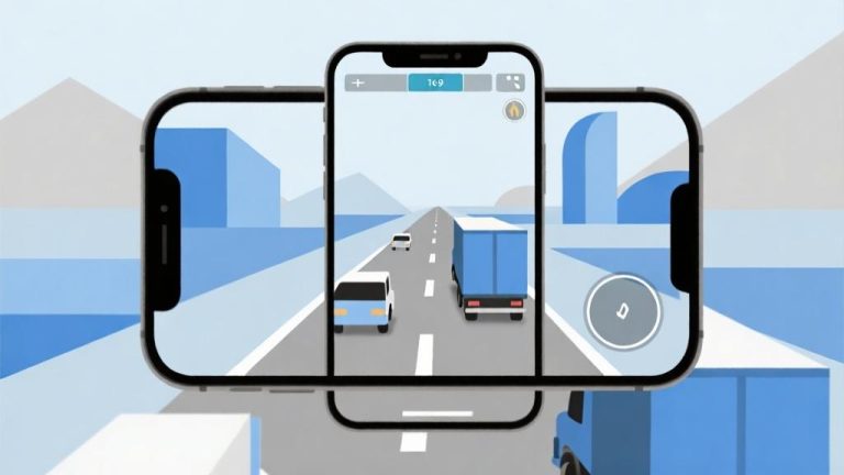 自动生成图片: minimalist abstract illustration of a smartphone displaying a truck simulation game interface, with simple geometric shapes representing roads and vehicles, soft blue and gray color scheme high quality illustration, detailed, 16:9