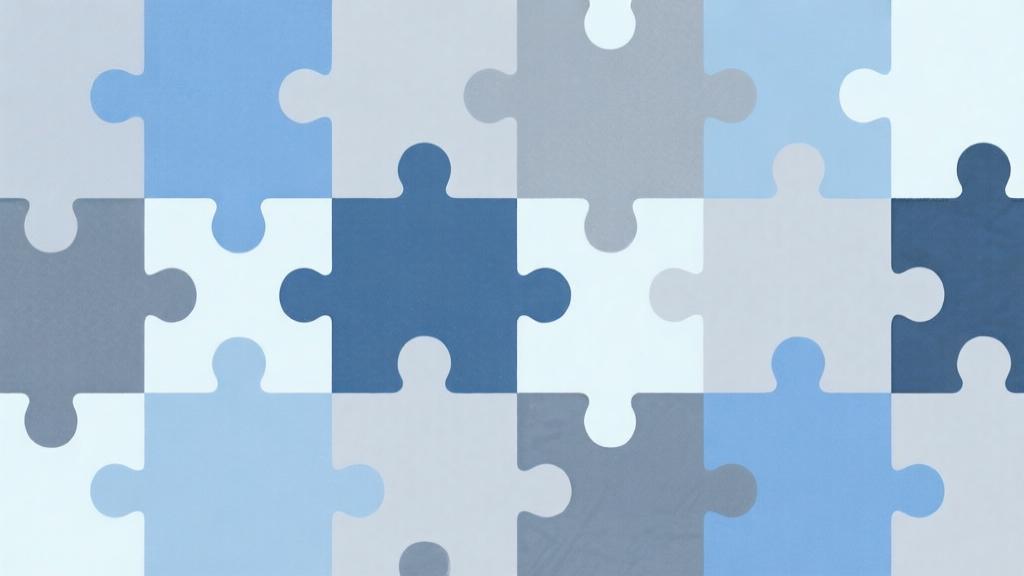 abstract geometric composition showing interconnected puzzle pieces forming a narrative flow, minimalist design with soft blue and grey tones, conceptual representation of story elements connecting to logical solutions high quality illustration, detailed, 16:9