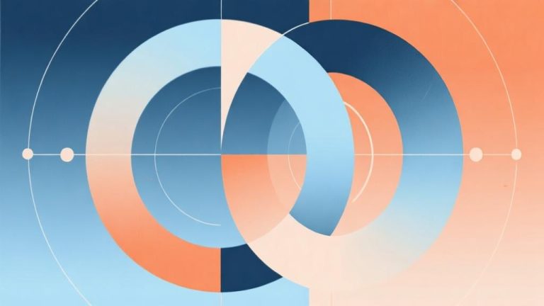自动生成图片: abstract geometric composition showing merging circles and competitive elements, minimalist style with soft blue and orange gradient, clean lines representing strategy and combination high quality illustration, detailed, 16:9