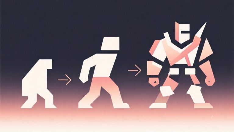 自动生成图片: minimalist abstract illustration showing evolution stages from simple geometric shape to complex form, using soft gradient colors and clean lines to represent character development in battle royale game high quality illustration, detailed, 16:9