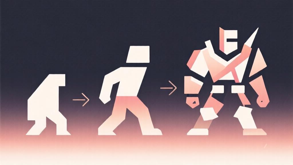 minimalist abstract illustration showing evolution stages from simple geometric shape to complex form, using soft gradient colors and clean lines to represent character development in battle royale game high quality illustration, detailed, 16:9