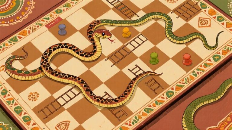 自动生成图片: Vintage snakes and ladders board game illustration with detailed snakes and ladders, warm earthy colors, nostalgic childhood game style, traditional Indian design elements high quality illustration, detailed, 16:9