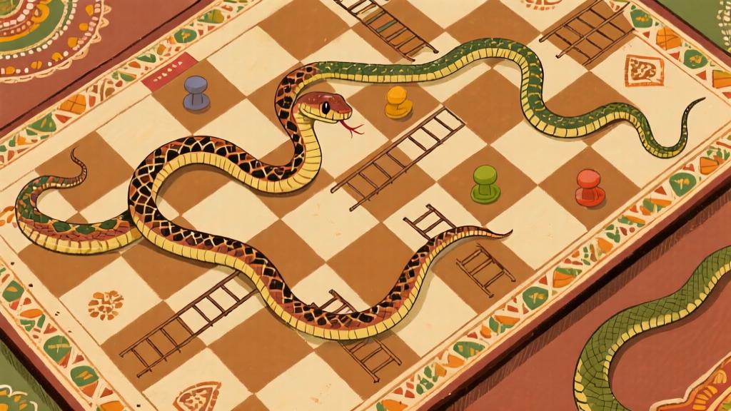 Vintage snakes and ladders board game illustration with detailed snakes and ladders, warm earthy colors, nostalgic childhood game style, traditional Indian design elements high quality illustration, detailed, 16:9