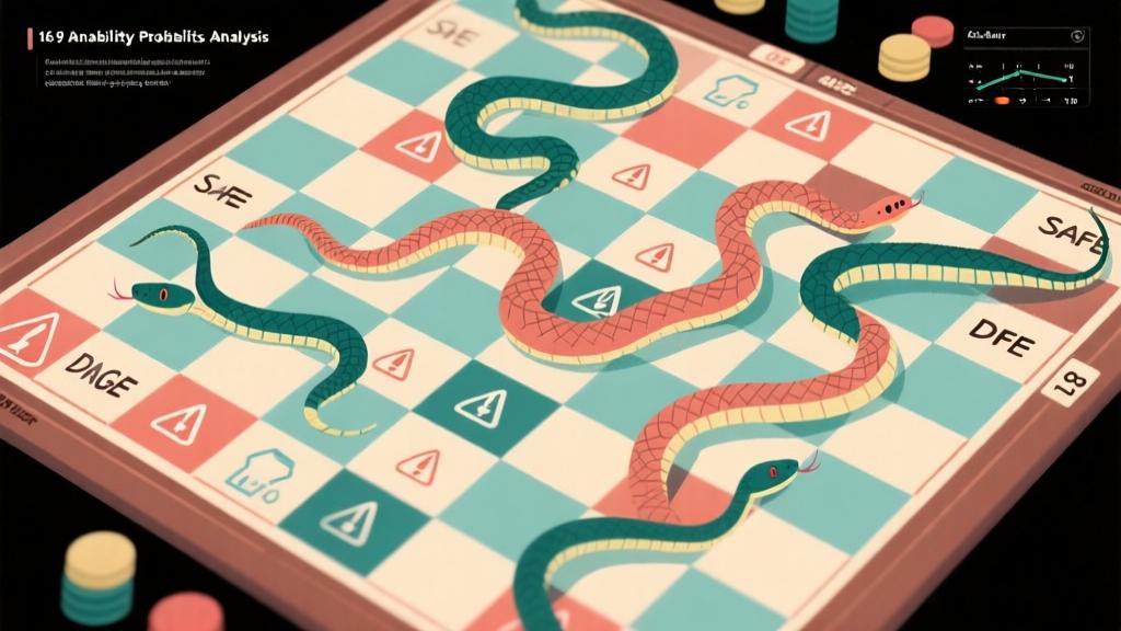 Strategic snakes and ladders board analysis with probability calculations, soft color coding for safe zones and danger areas, professional game theory visualization high quality illustration, detailed, 16:9