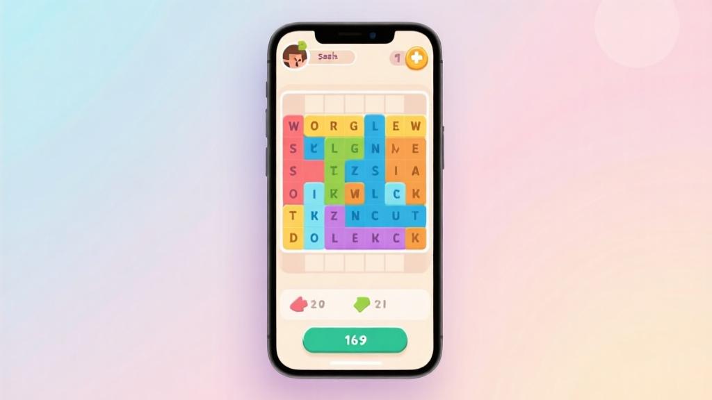 Smartphone displaying colorful word search puzzle with highlighted words, minimalist game interface, soft pastel background, clean mobile game design high quality illustration, detailed, 16:9