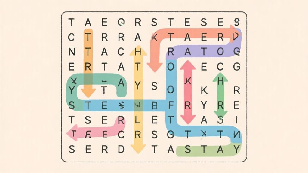 Abstract word search grid with multiple search patterns highlighted, arrows showing scanning directions, soft color coding for different techniques, minimalist educational diagram high quality illustration, detailed, 16:9